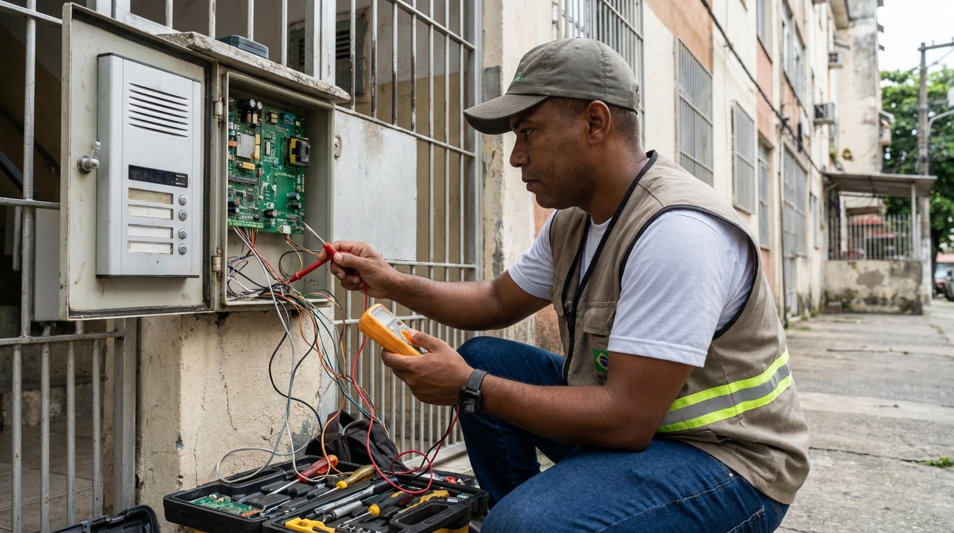 Eletricista consertando interfone em Florianópolis‑SC