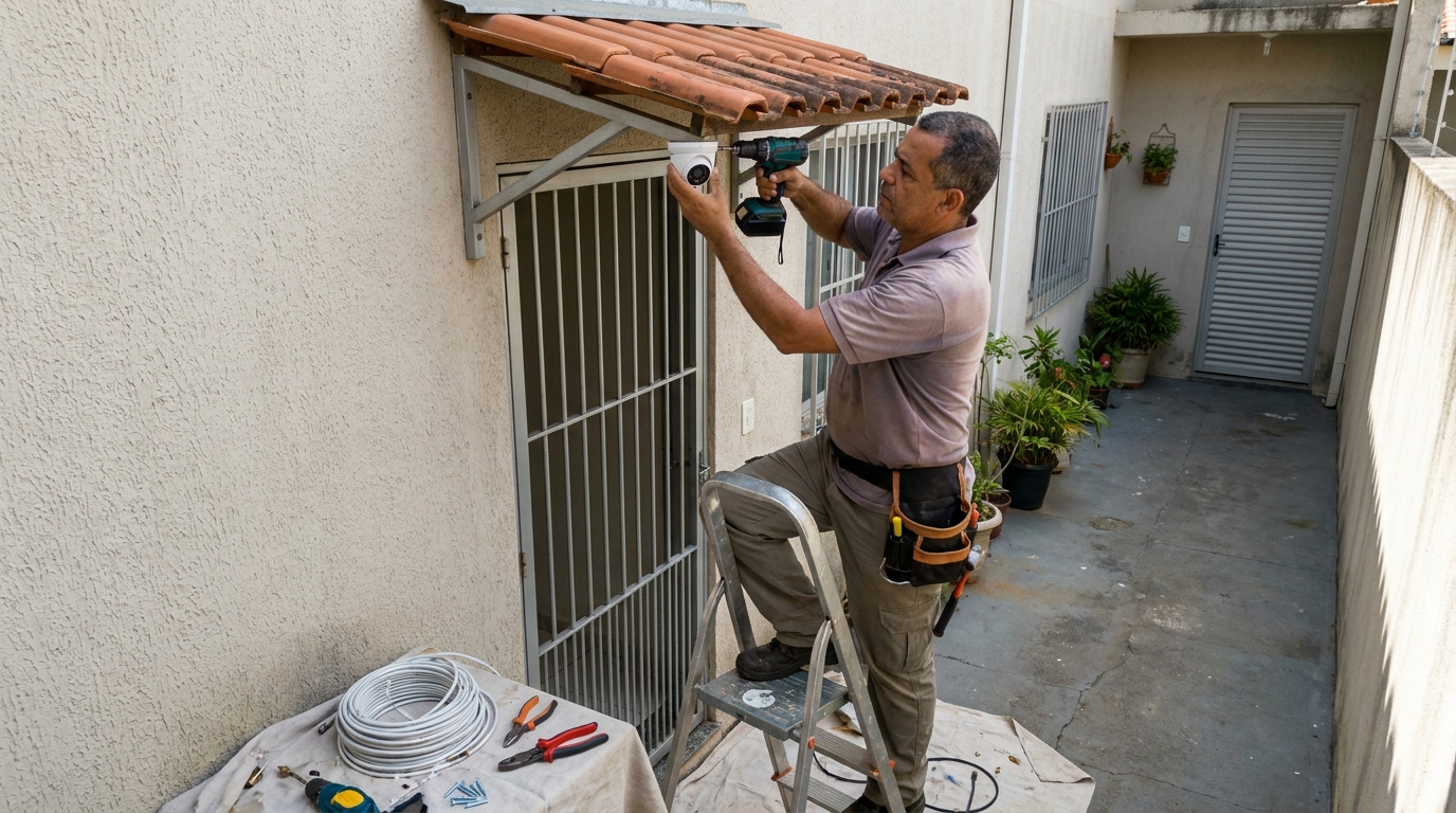 Eletricista instalando cameras de seguranca em Florianópolis‑SC