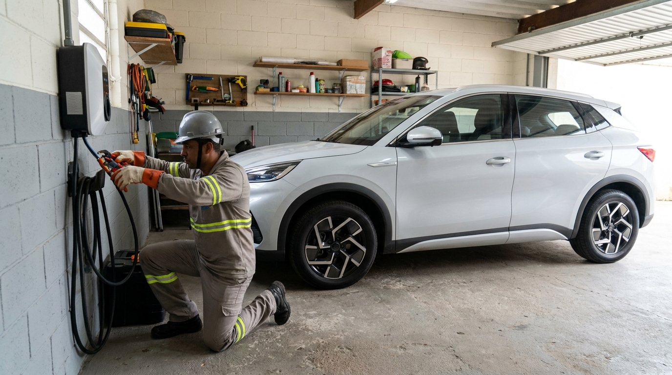 Eletricista instalando carregador de carro eletrico em Florianópolis‑SC