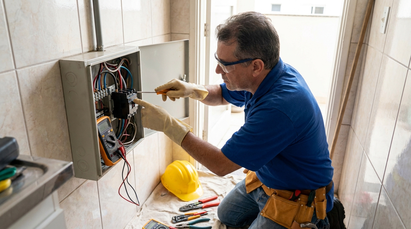 Eletricista instalando disjuntor em Florianópolis‑SC