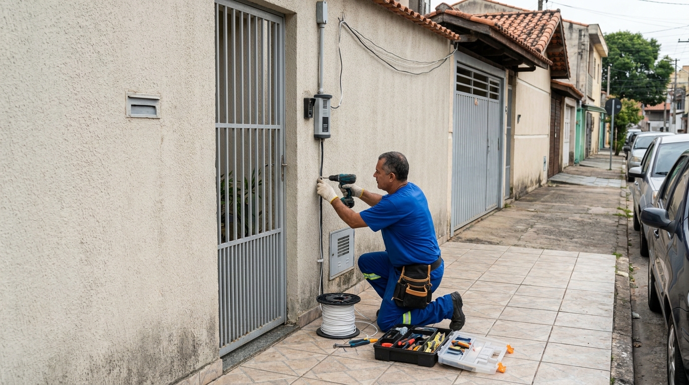 Eletricista instalando interfone em Florianópolis‑SC