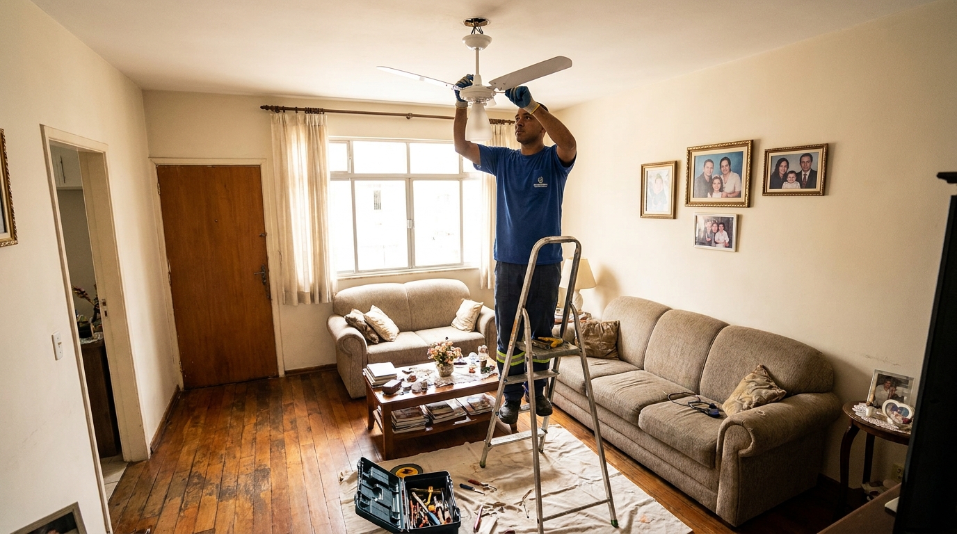 Eletricista instalando ventilador de teto em Florianópolis‑SC